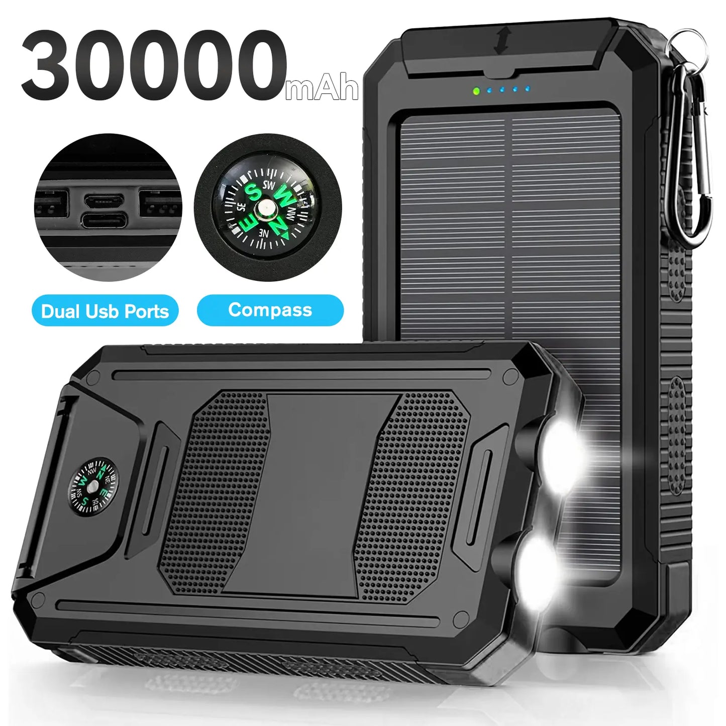 20000Mah Portable Solar Charger Power Bank with LED Flashlight - Dual USB-A Output, Waterproof Outdoor Design with Compass & Carabiner for Phone Android