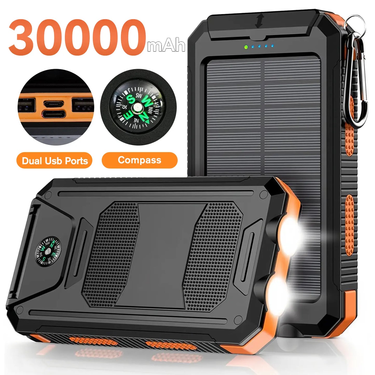 20000Mah Portable Solar Charger Power Bank with LED Flashlight - Dual USB-A Output, Waterproof Outdoor Design with Compass & Carabiner for Phone Android