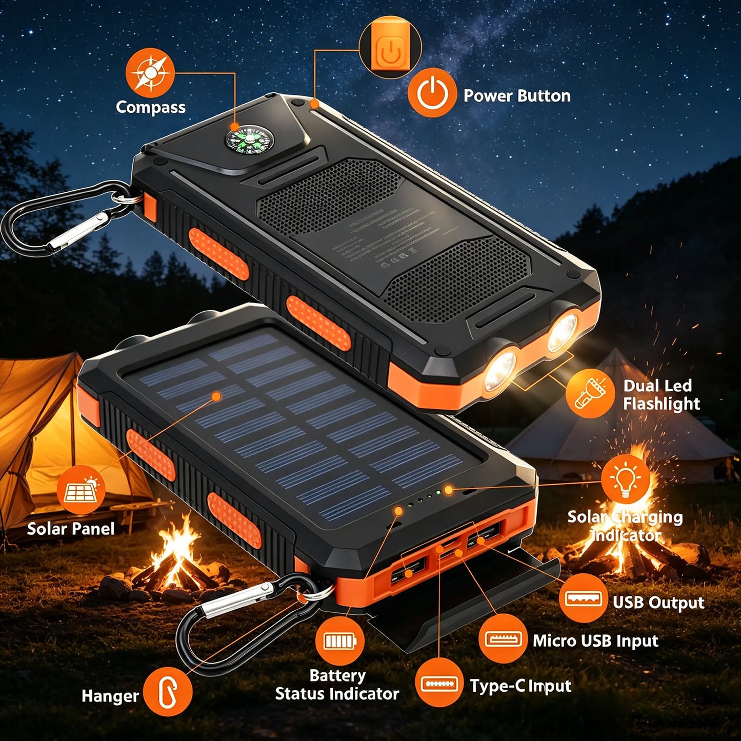 20000Mah Portable Solar Charger Power Bank with LED Flashlight - Dual USB-A Output, Waterproof Outdoor Design with Compass & Carabiner for Phone Android