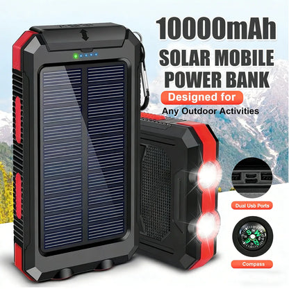 20000Mah Portable Solar Charger Power Bank with LED Flashlight - Dual USB-A Output, Waterproof Outdoor Design with Compass & Carabiner for Phone Android