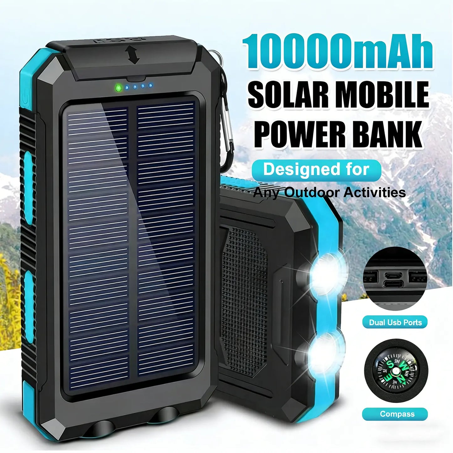 20000Mah Portable Solar Charger Power Bank with LED Flashlight - Dual USB-A Output, Waterproof Outdoor Design with Compass & Carabiner for Phone Android