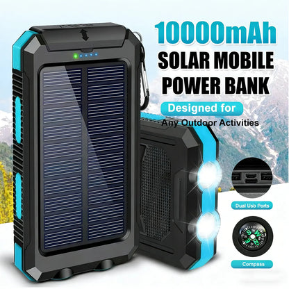 20000Mah Portable Solar Charger Power Bank with LED Flashlight - Dual USB-A Output, Waterproof Outdoor Design with Compass & Carabiner for Phone Android