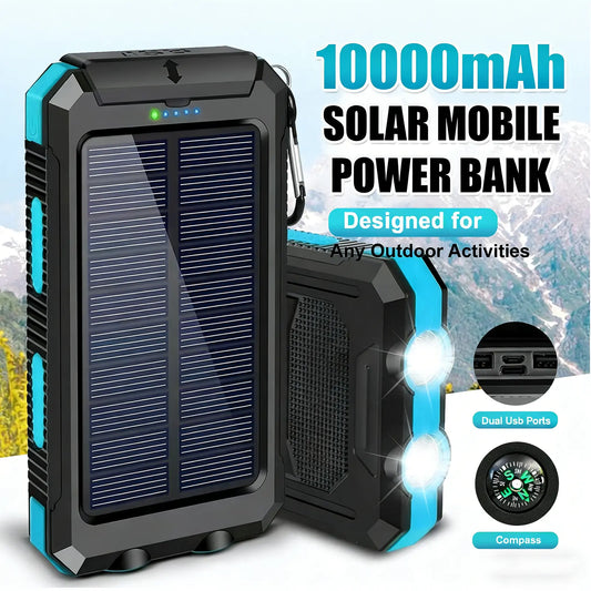 20000Mah Portable Solar Charger Power Bank with LED Flashlight - Dual USB-A Output, Waterproof Outdoor Design with Compass & Carabiner for Phone Android