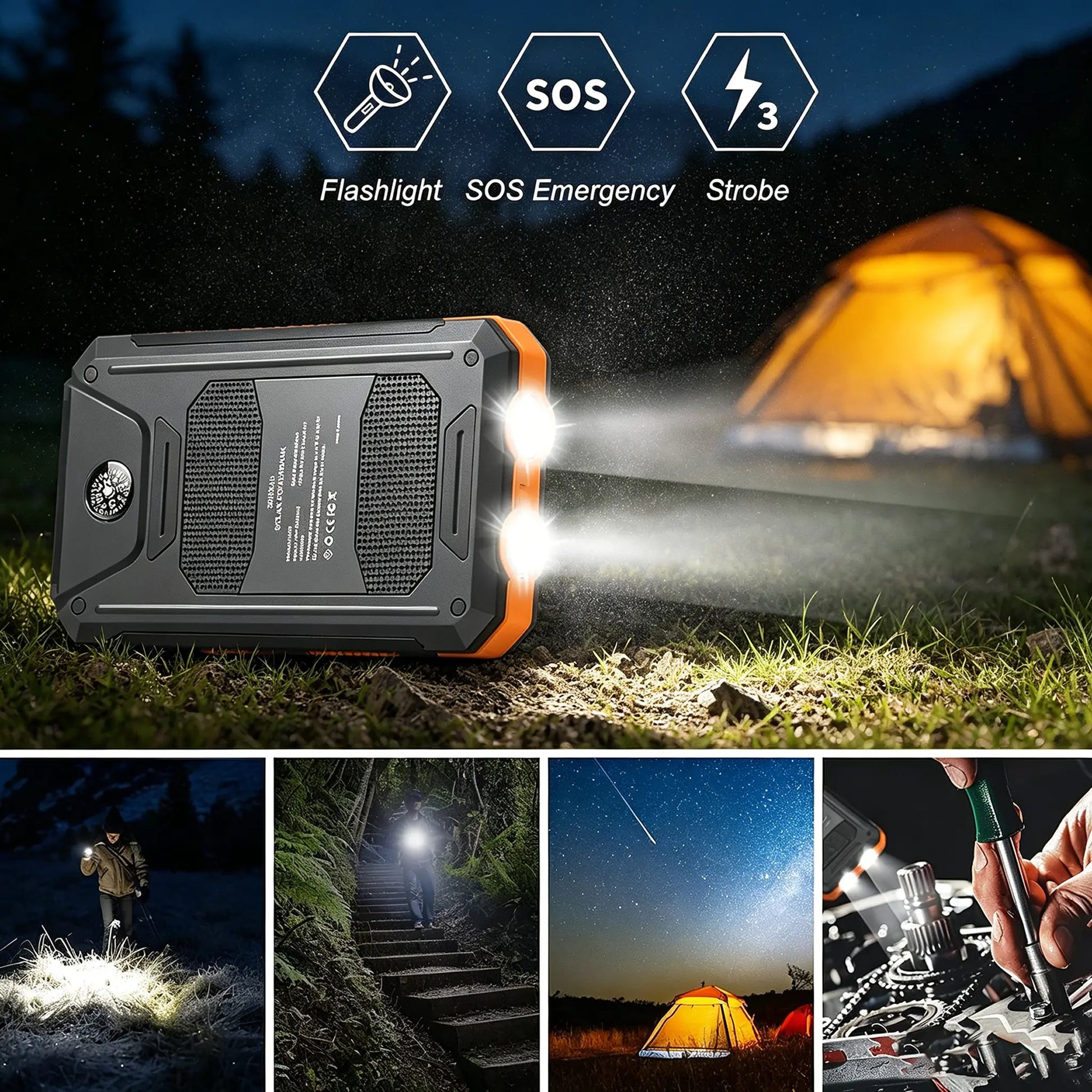 20000Mah Portable Solar Charger Power Bank with LED Flashlight - Dual USB-A Output, Waterproof Outdoor Design with Compass & Carabiner for Phone Android