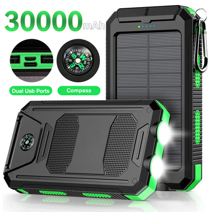 20000Mah Portable Solar Charger Power Bank with LED Flashlight - Dual USB-A Output, Waterproof Outdoor Design with Compass & Carabiner for Phone Android