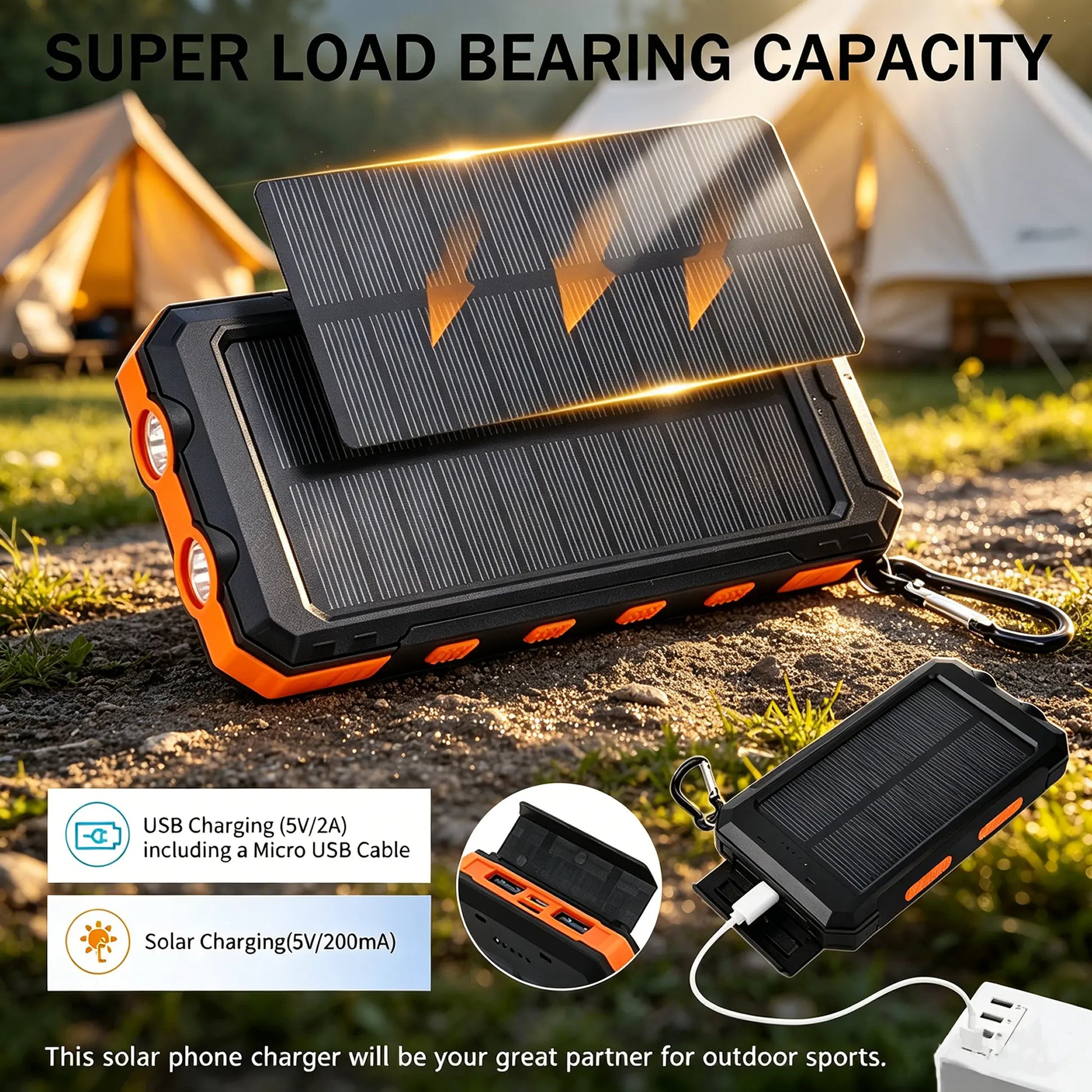 20000Mah Portable Solar Charger Power Bank with LED Flashlight - Dual USB-A Output, Waterproof Outdoor Design with Compass & Carabiner for Phone Android