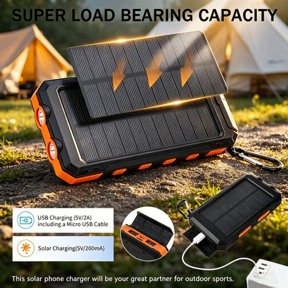 20000Mah Portable Solar Charger Power Bank with LED Flashlight - Dual USB-A Output, Waterproof Outdoor Design with Compass & Carabiner for Phone Android