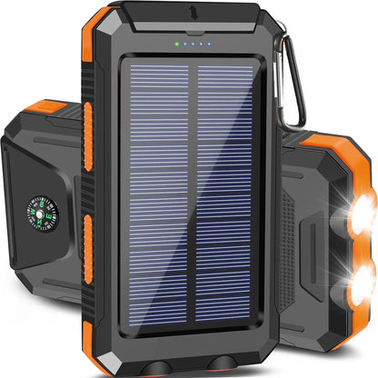 20000Mah Portable Solar Charger Power Bank with LED Flashlight - Dual USB-A Output, Waterproof Outdoor Design with Compass & Carabiner for Phone Android