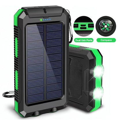 20000Mah Portable Solar Charger Power Bank with LED Flashlight - Dual USB-A Output, Waterproof Outdoor Design with Compass & Carabiner for Phone Android