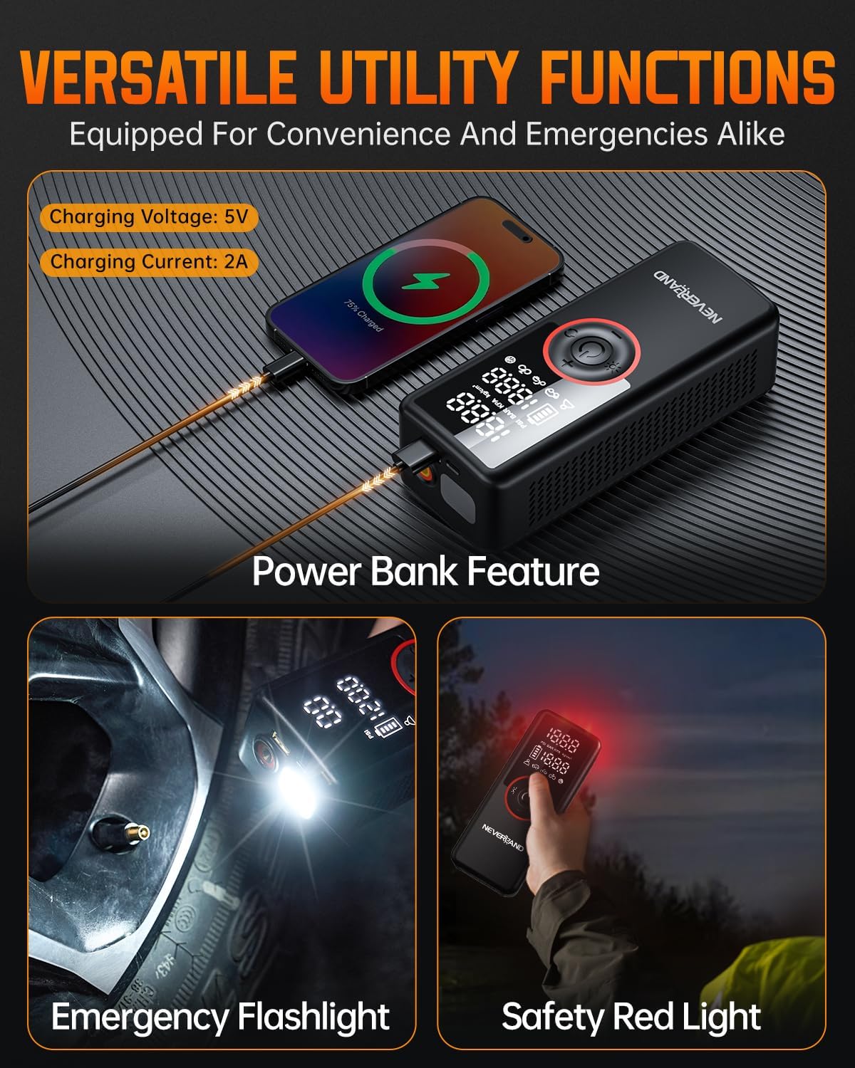 Portable SUV Tire Inflator - 30000Mah 180PSI 150W High Power Air Compressor with Digital Gauge Dual Lighting, Tire Inflator for Truck Car UTV Motorcycle ATV RV Bike and Charging DC 12V