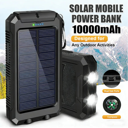 20000Mah Portable Solar Charger Power Bank with LED Flashlight - Dual USB-A Output, Waterproof Outdoor Design with Compass & Carabiner for Phone Android