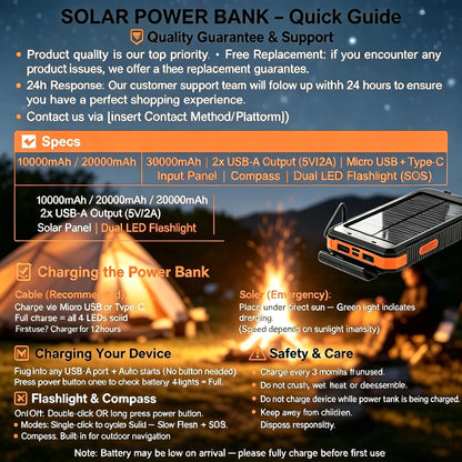 20000Mah Portable Solar Charger Power Bank with LED Flashlight - Dual USB-A Output, Waterproof Outdoor Design with Compass & Carabiner for Phone Android