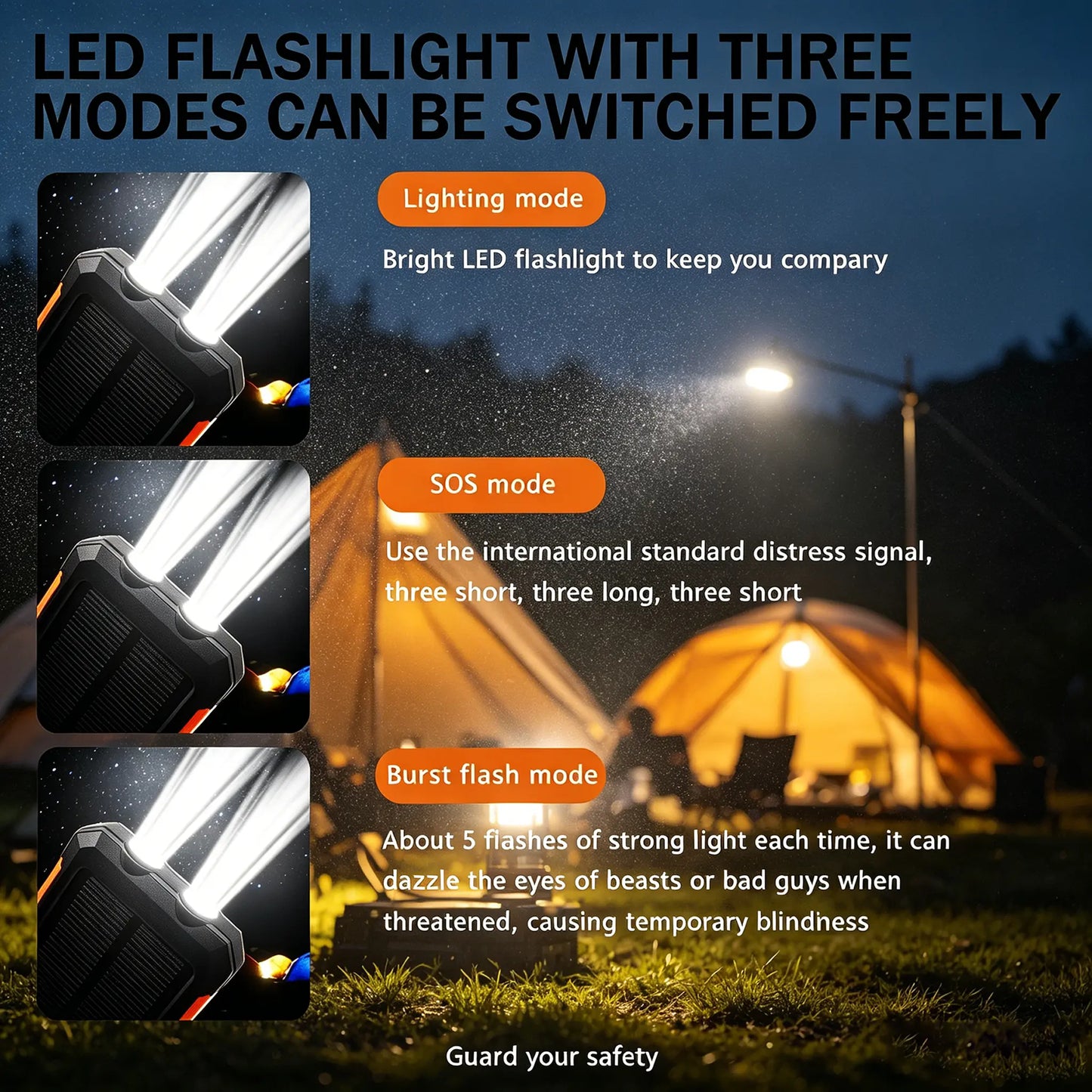 20000Mah Portable Solar Charger Power Bank with LED Flashlight - Dual USB-A Output, Waterproof Outdoor Design with Compass & Carabiner for Phone Android