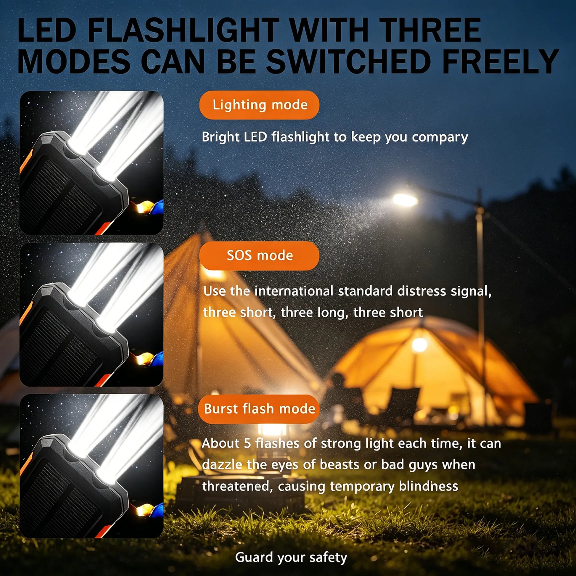 20000Mah Portable Solar Charger Power Bank with LED Flashlight - Dual USB-A Output, Waterproof Outdoor Design with Compass & Carabiner for Phone Android
