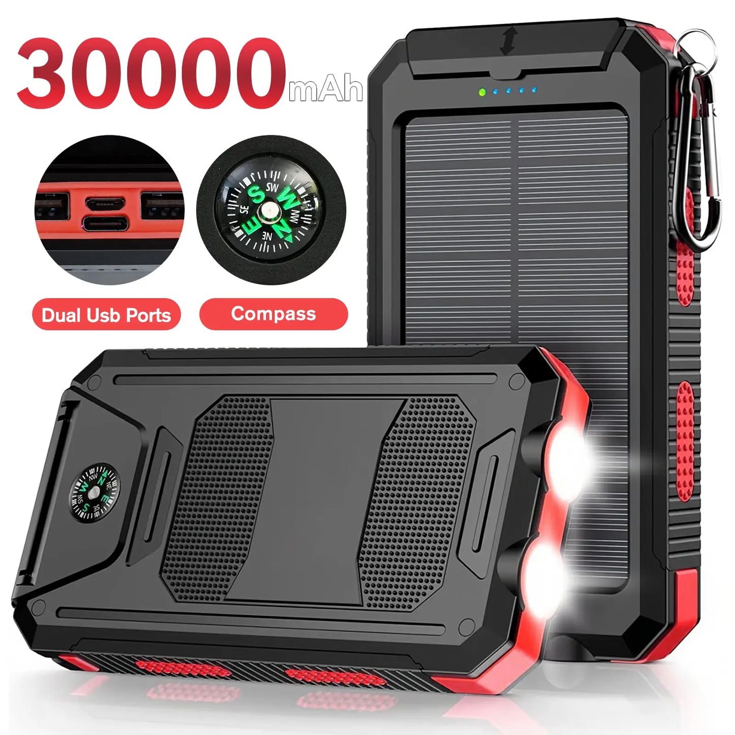 20000Mah Portable Solar Charger Power Bank with LED Flashlight - Dual USB-A Output, Waterproof Outdoor Design with Compass & Carabiner for Phone Android