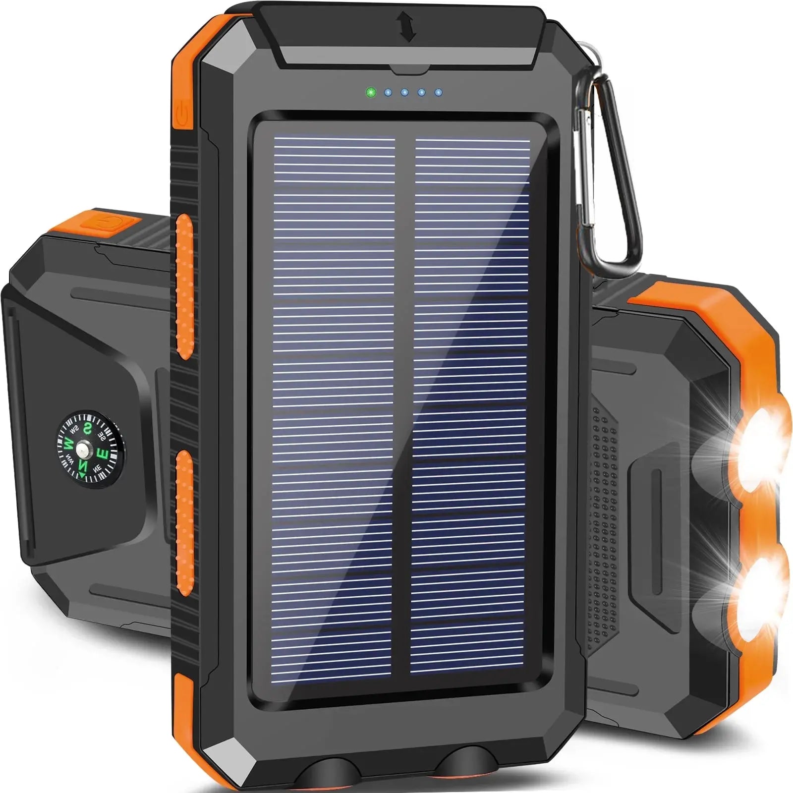 20000Mah Portable Solar Charger Power Bank with LED Flashlight - Dual USB-A Output, Waterproof Outdoor Design with Compass & Carabiner for Phone Android