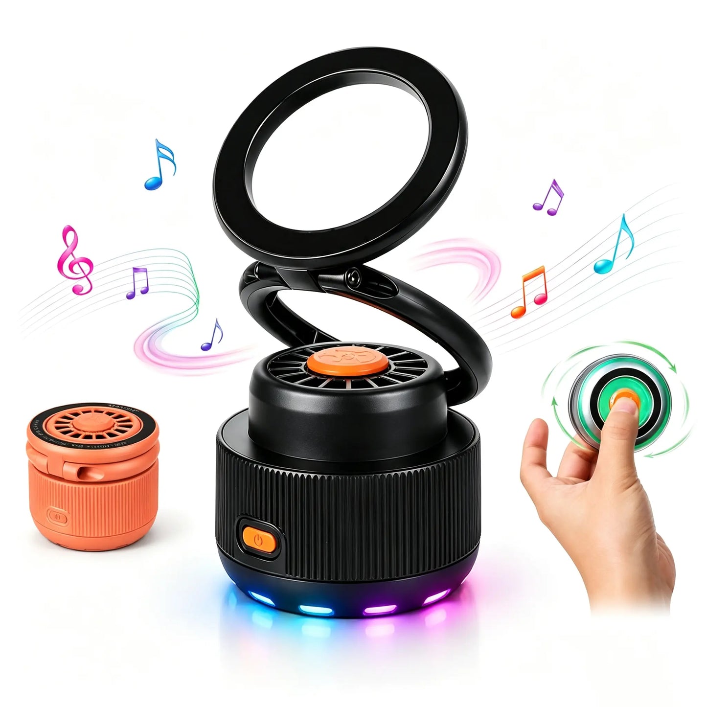 3-In-1 Compact Bluetooth Speaker - Magnetic 360° Rotatable Phone Stand, RGB Light, HD Sound, Portable Wireless Holder with Charging, Battery, Connection, for Office, Gaming, Creative Gift, Audios