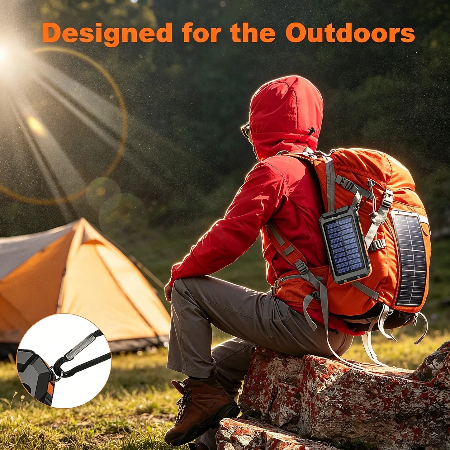 20000Mah Portable Solar Charger Power Bank with LED Flashlight - Dual USB-A Output, Waterproof Outdoor Design with Compass & Carabiner for Phone Android