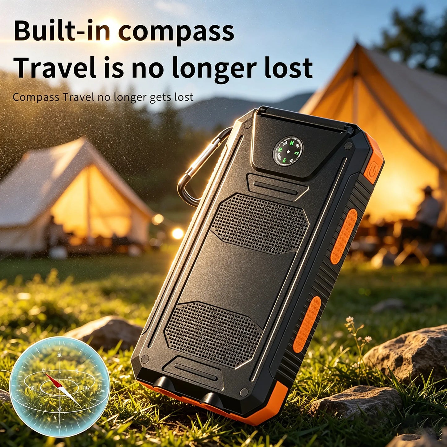 20000Mah Portable Solar Charger Power Bank with LED Flashlight - Dual USB-A Output, Waterproof Outdoor Design with Compass & Carabiner for Phone Android