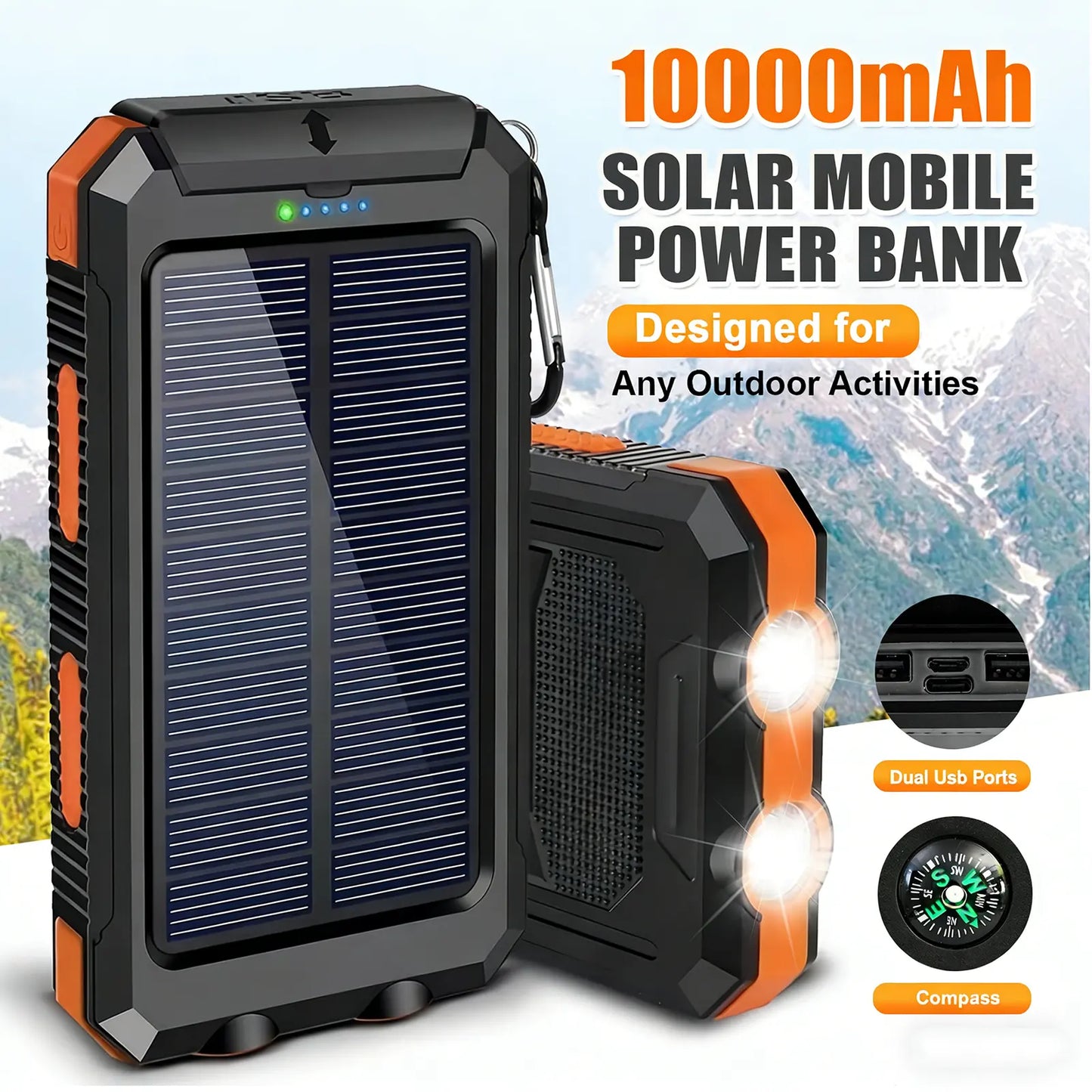 20000Mah Portable Solar Charger Power Bank with LED Flashlight - Dual USB-A Output, Waterproof Outdoor Design with Compass & Carabiner for Phone Android