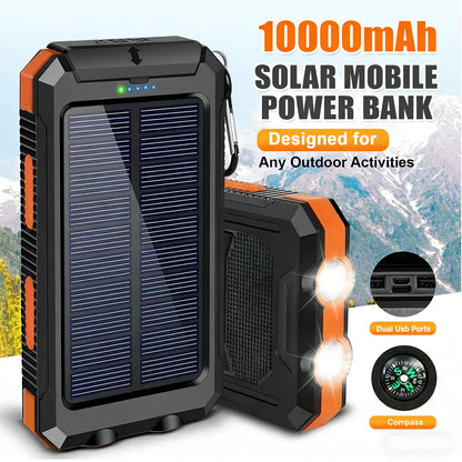 20000Mah Portable Solar Charger Power Bank with LED Flashlight - Dual USB-A Output, Waterproof Outdoor Design with Compass & Carabiner for Phone Android