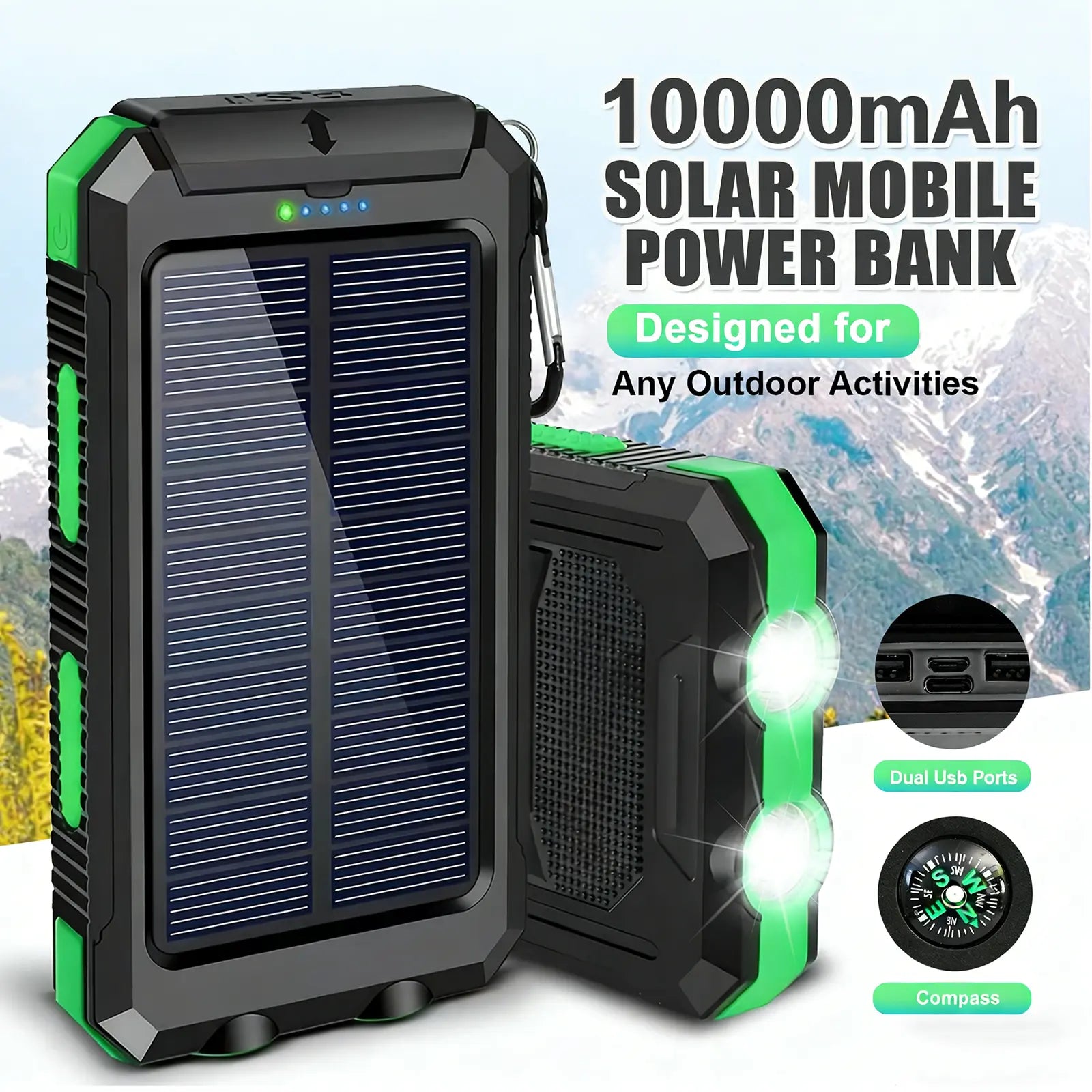 20000Mah Portable Solar Charger Power Bank with LED Flashlight - Dual USB-A Output, Waterproof Outdoor Design with Compass & Carabiner for Phone Android