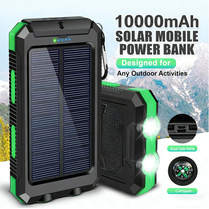 20000Mah Portable Solar Charger Power Bank with LED Flashlight - Dual USB-A Output, Waterproof Outdoor Design with Compass & Carabiner for Phone Android